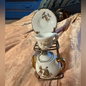 Miniature Porcelain Tea Display Made in Taiwan Gold Tone Fancy Vintage China